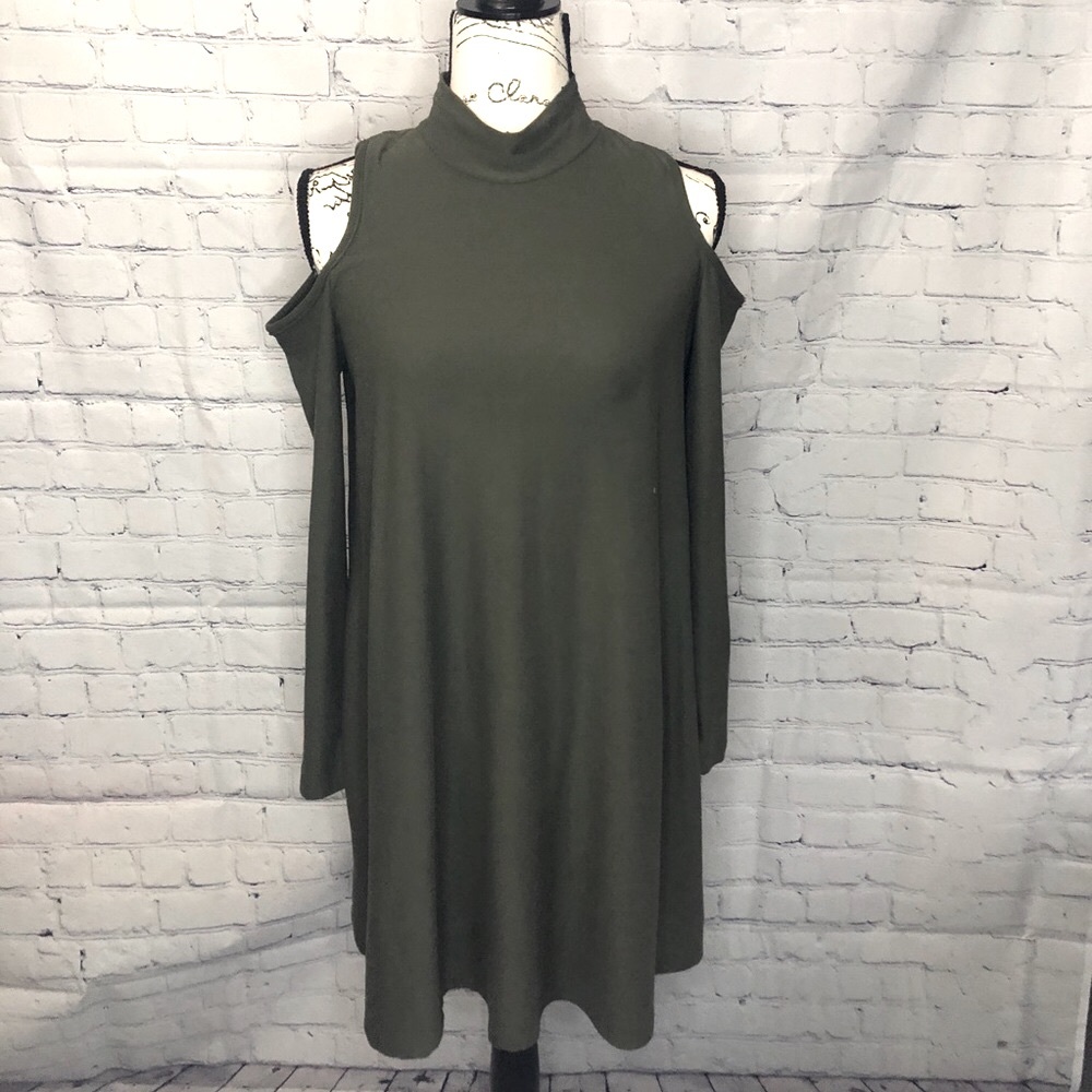 Olive Green Open Shoulder Turtleneck Dress Size L